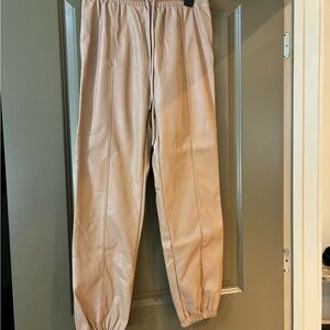 Beige Faux Leather Jogger Pants